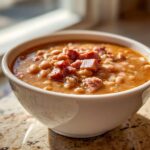 Close-up of a white bowl filled with rich, savory Ham and bean soup topped with chunks of smoked ham.