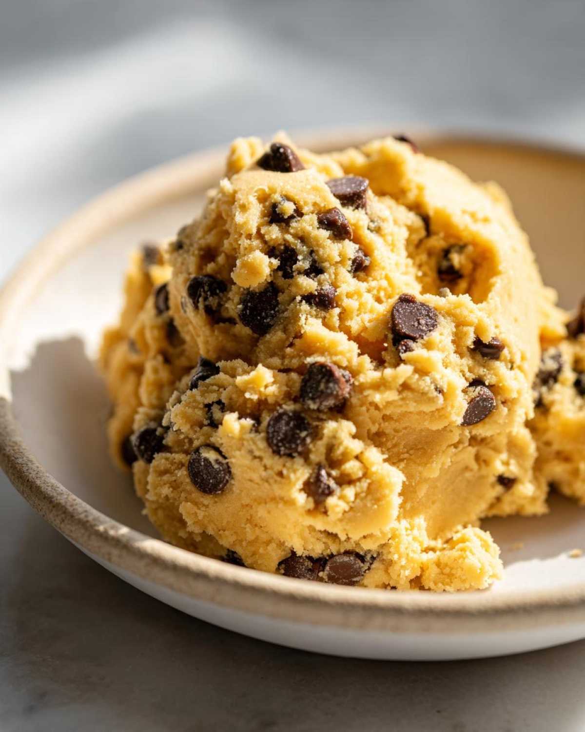Close-up of a scoop of golden, thick high protein cookie dough loaded with mini chocolate chips in a light ceramic bowl.