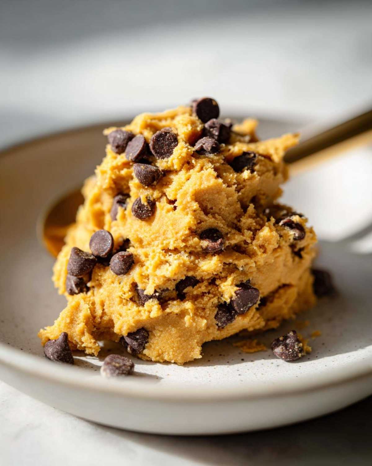 A close-up of a scoop of golden-brown high protein cookie dough loaded with mini chocolate chips on a light plate.