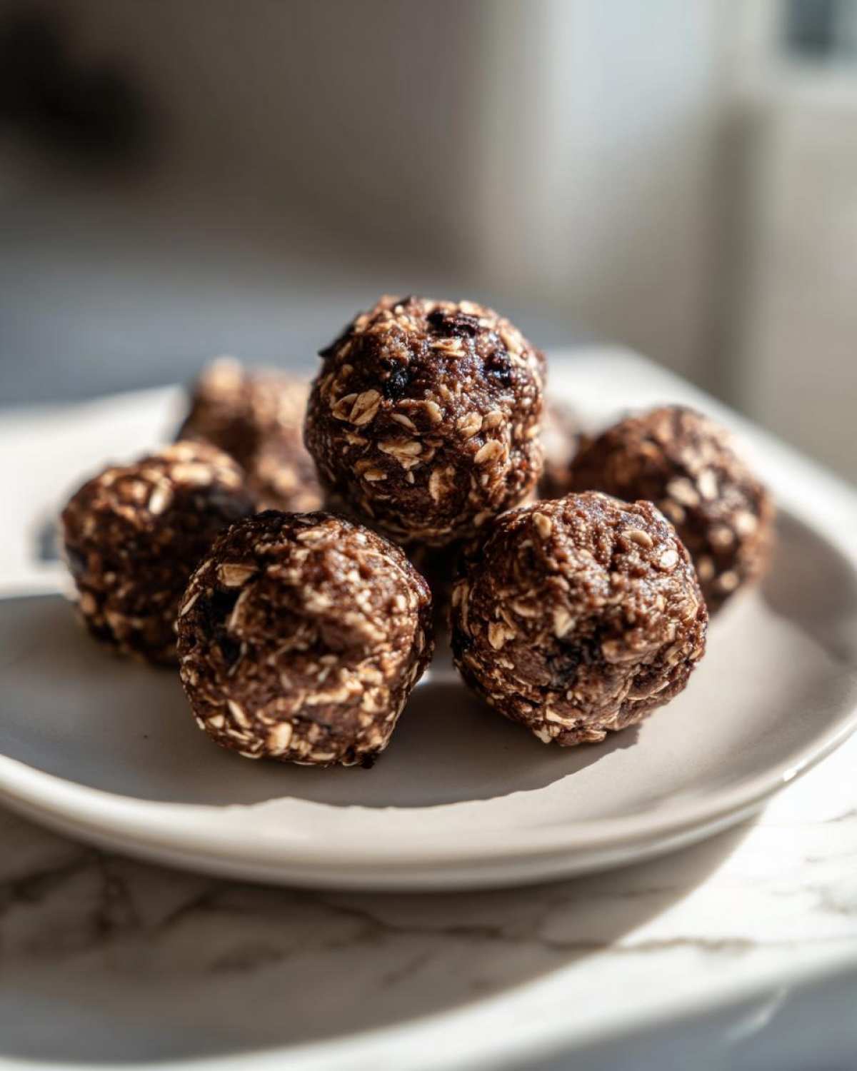 A close-up of several rich, dark chocolate protein balls made with oats, stacked on a small white plate.