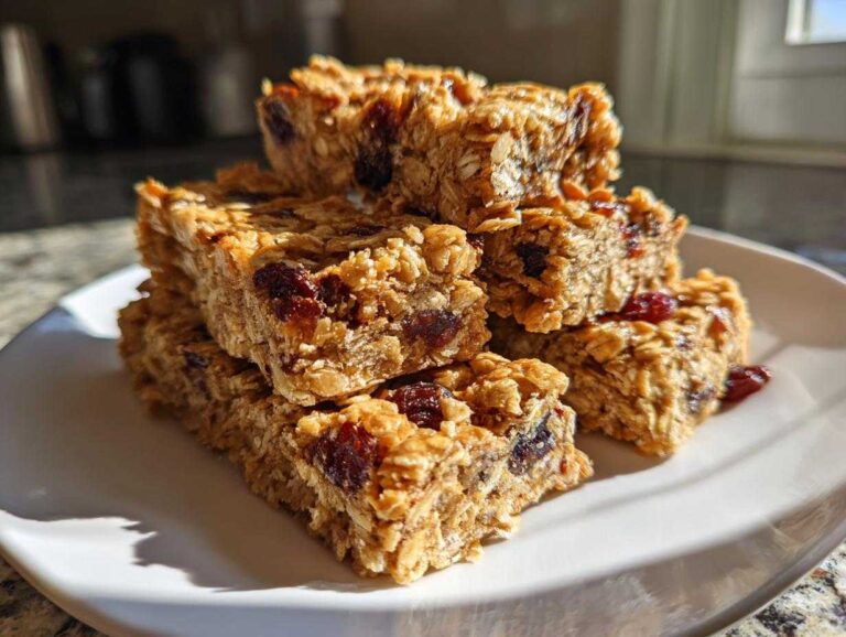 A stack of freshly cut homemade granola bars packed with oats and dried cranberries, sitting on a white plate.