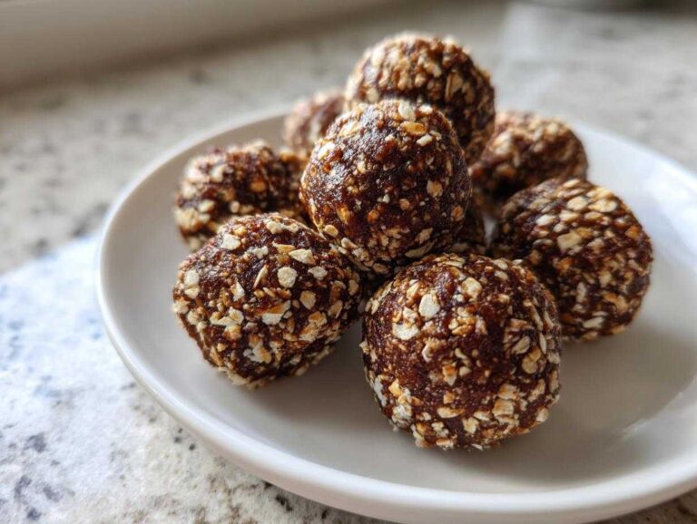 A small white plate holds several dark, rich protein balls rolled in visible oat flakes.