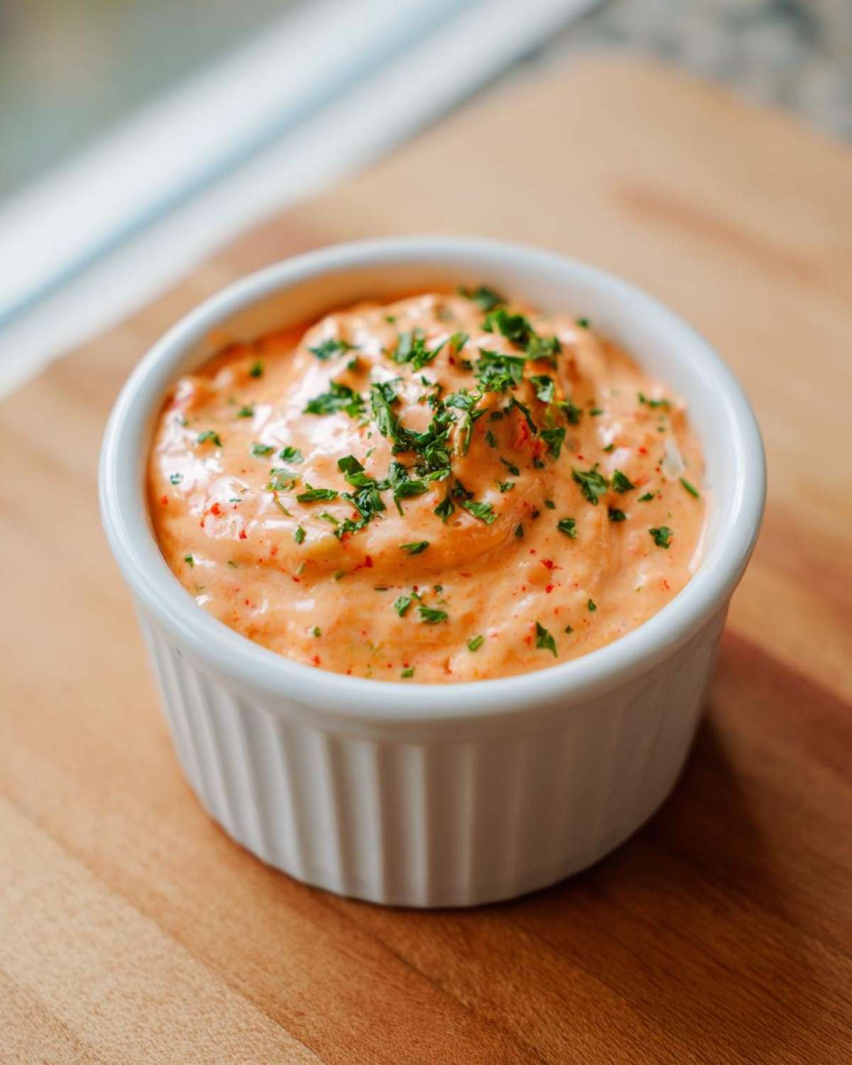 Close-up of a vibrant, orange-hued remoulade sauce topped with fresh parsley in a white ramekin.