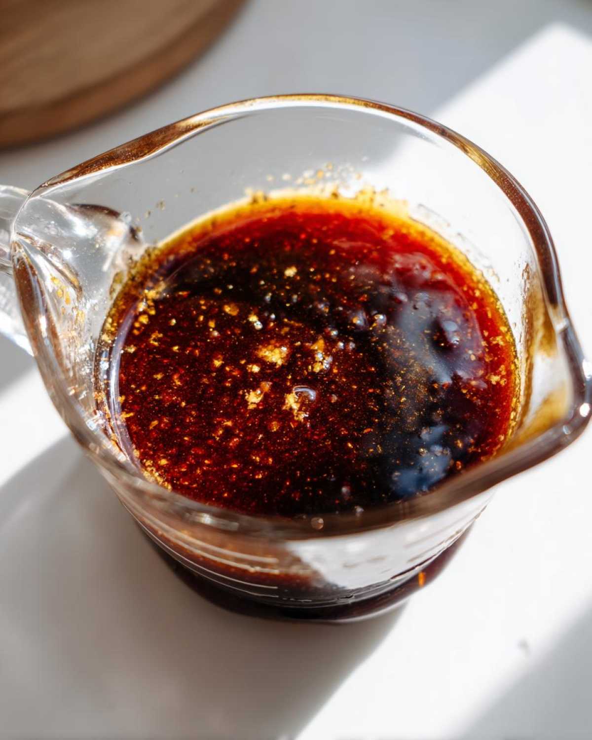 Close-up of rich, dark homemade teriyaki sauce with visible spices in a glass measuring cup.