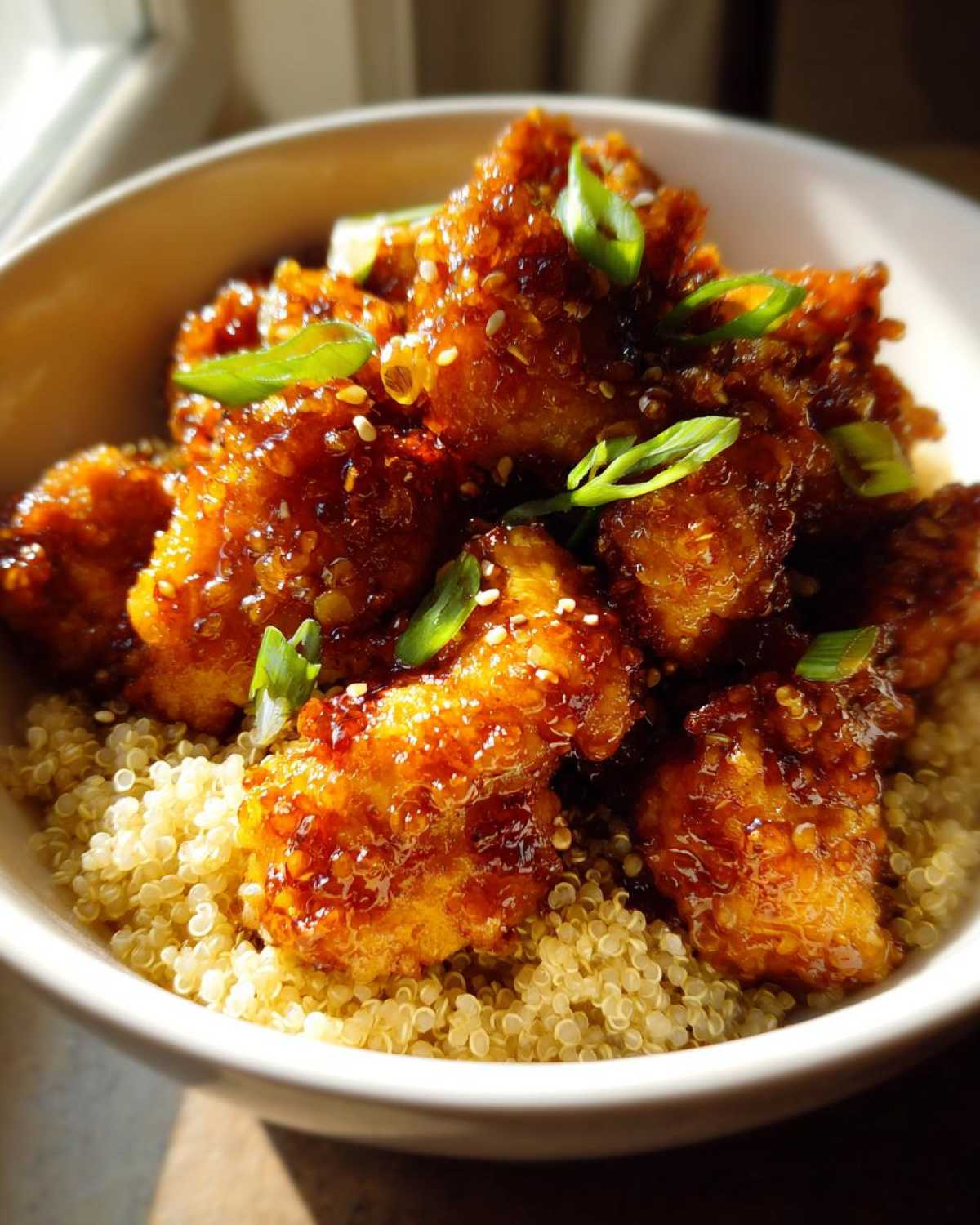 Close-up of glazed, saucy chicken pieces served over a bed of fluffy quinoa, garnished with sesame seeds and green onions for Honey Garlic Chicken Quinoa.
