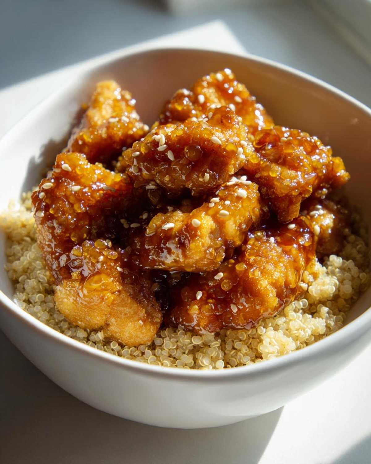 Close-up of glossy Honey Garlic Chicken Quinoa served in a white bowl, topped with sesame seeds.
