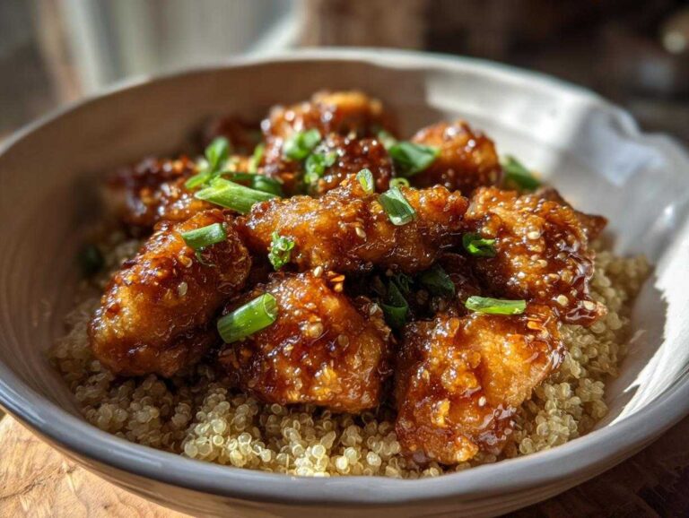 Amazing 35-Min Honey Garlic Chicken Quinoa Close-up of glazed, saucy chicken pieces served over a bed of fluffy quinoa, garnished with green onions, for Honey Garlic Chicken Quinoa.