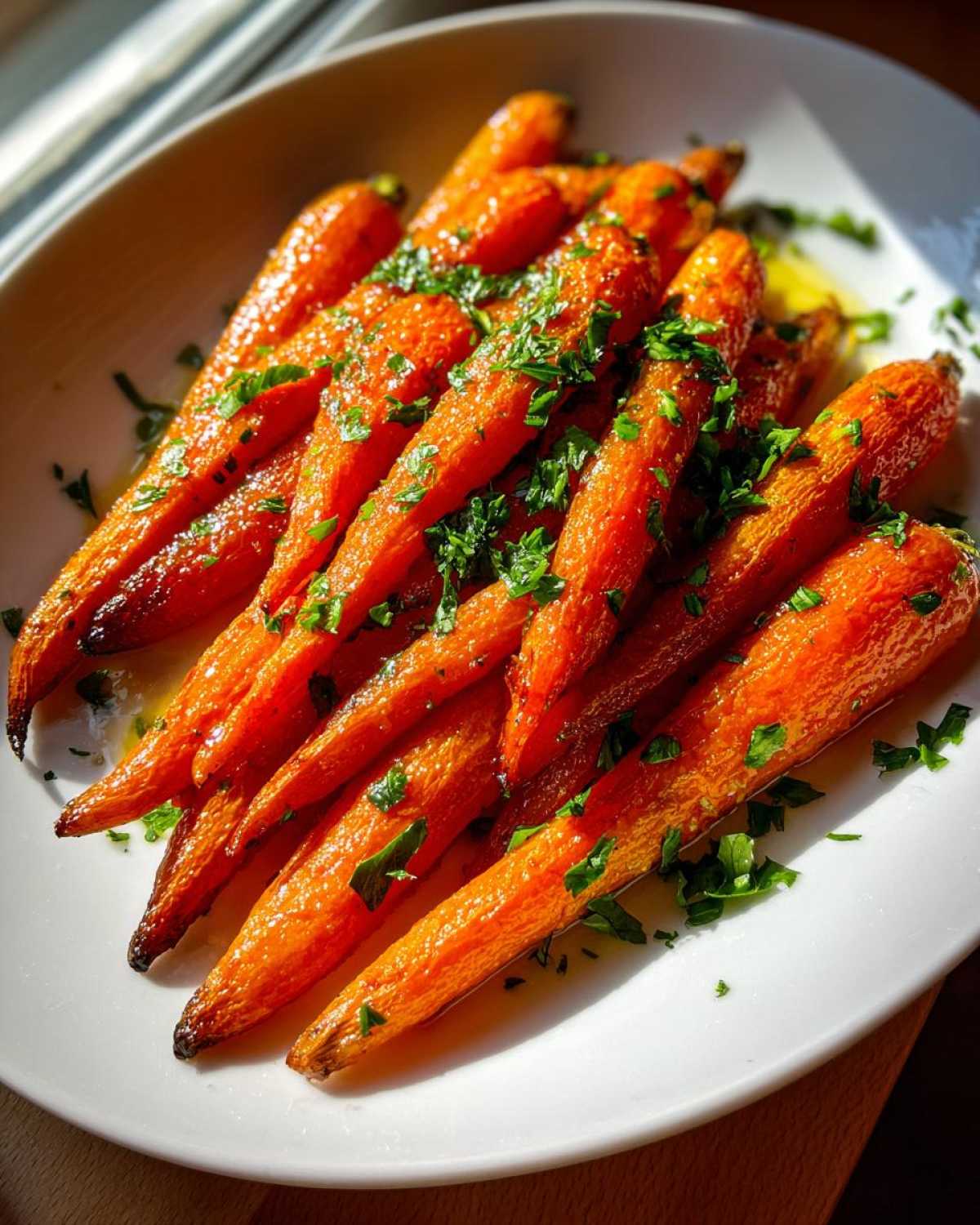 Close-up of perfectly glazed honey garlic roasted carrots sprinkled with fresh parsley on a white dish.
