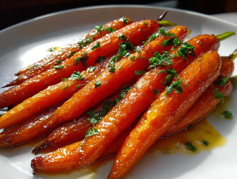 Close-up of beautifully glazed, bright orange honey garlic roasted carrots garnished with fresh parsley.
