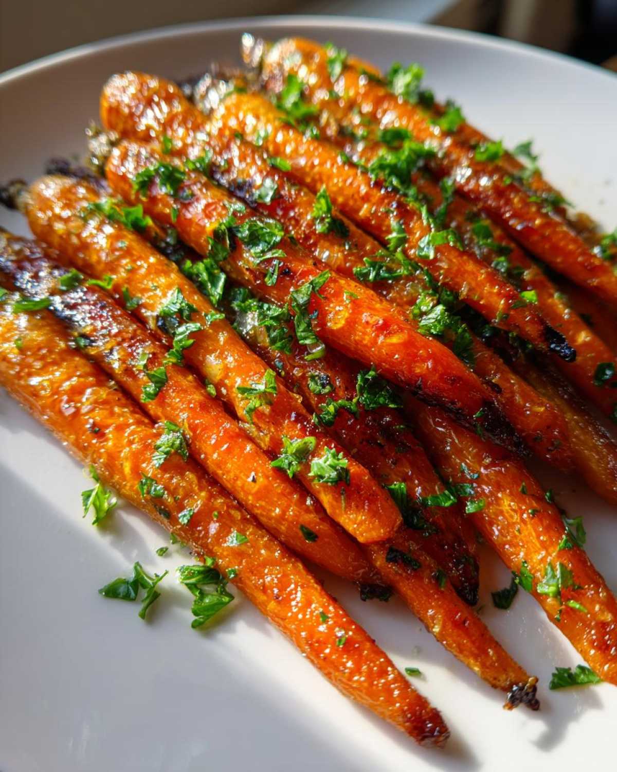 Close-up of shiny, caramelized honey garlic roasted carrots sprinkled with fresh green parsley on a white plate.