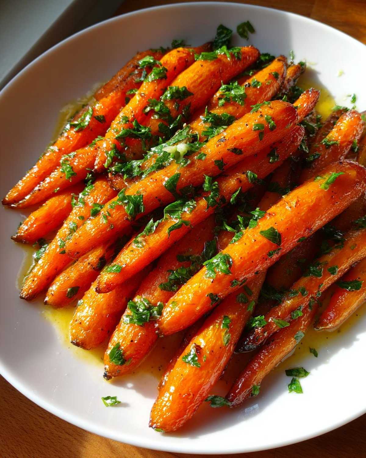 Close-up of glossy, caramelized honey garlic roasted carrots sprinkled with fresh parsley on a white plate.