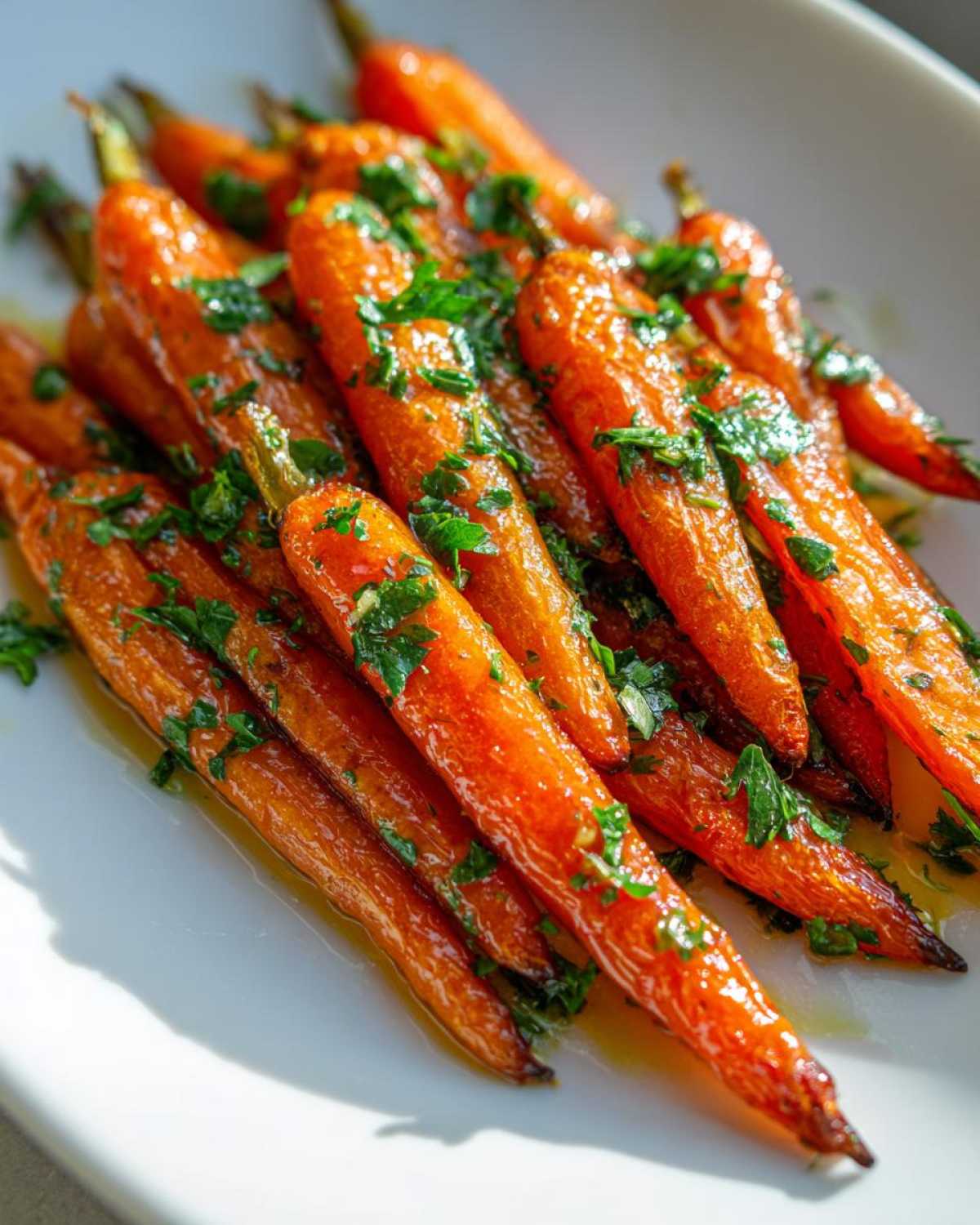 Close-up of glossy, caramelized roasted carrots drizzled with glaze and topped with fresh chopped parsley.