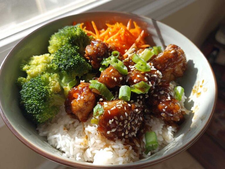 Amazing 30-Min Honey Lime Chicken Rice Bowl A close-up of a Honey Lime Chicken Rice Bowl featuring glazed chicken pieces over white rice, topped with sesame seeds, green onions, steamed broccoli, and shredded carrots.