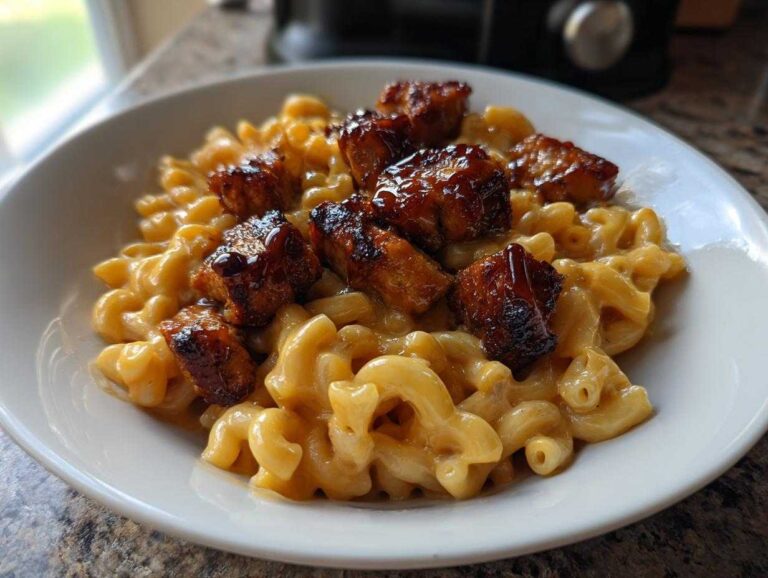 A white bowl filled with creamy macaroni and cheese topped with glazed pieces of Honey Pepper Chicken.