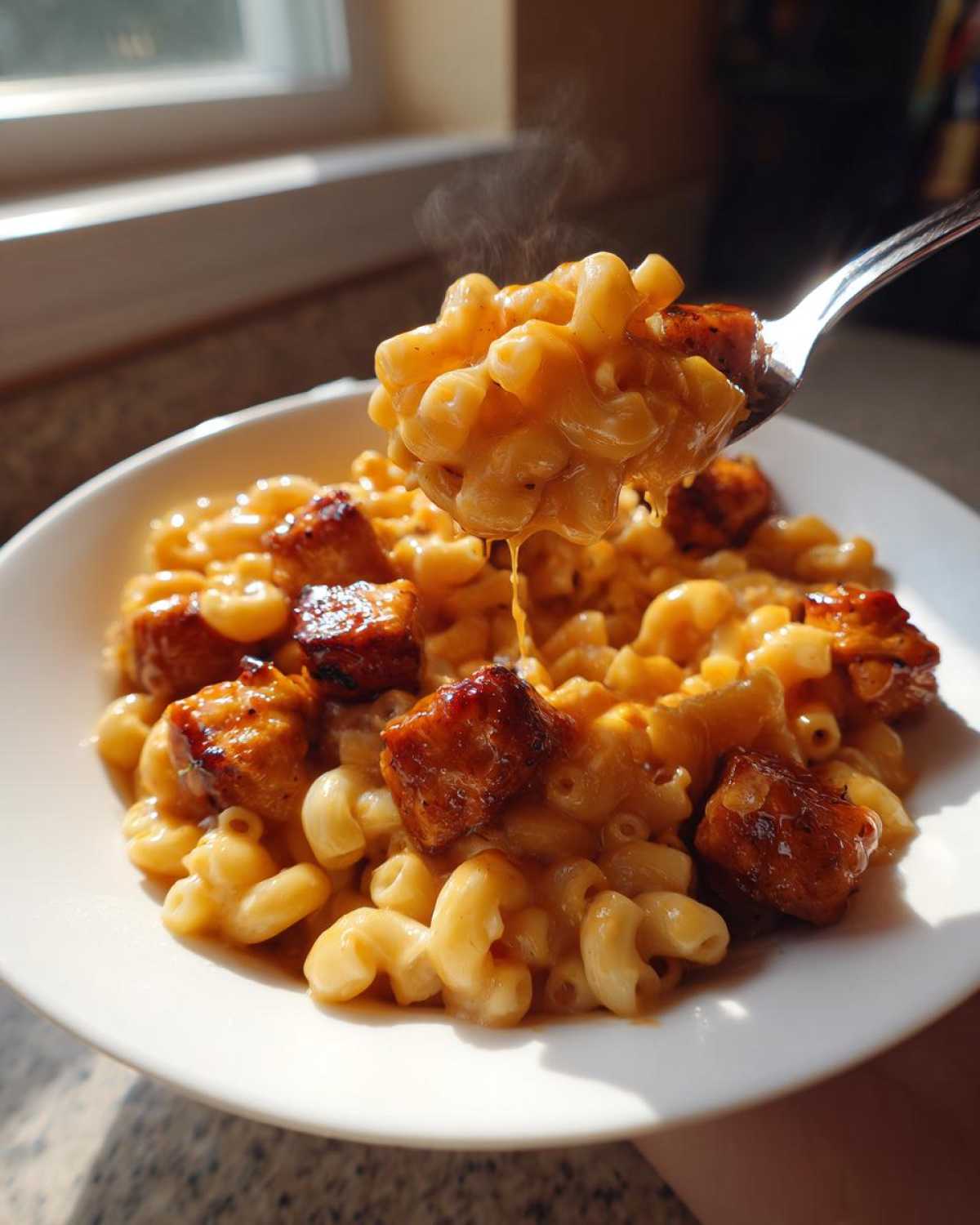 A fork lifting a bite of creamy Honey Pepper Chicken Mac and Cheese, showing steam rising from the hot dish.