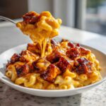 A spoonful of creamy Honey Pepper Chicken Mac and Cheese showing cheese pull, topped with glazed chicken pieces.