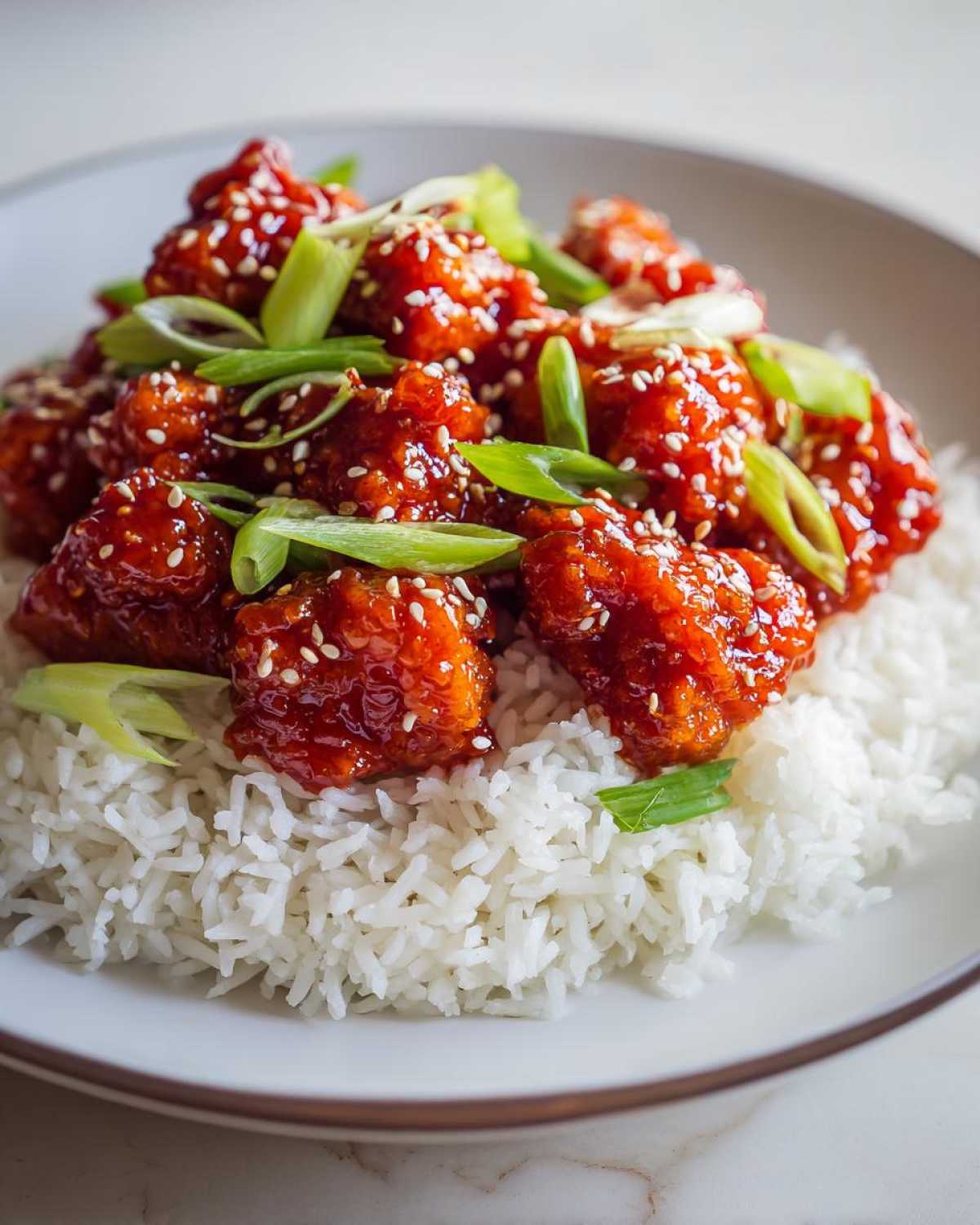 Close-up of Honey Sriracha Chicken Rice Bowls featuring sticky, glazed chicken pieces over fluffy white rice, topped with sesame seeds and green onions.