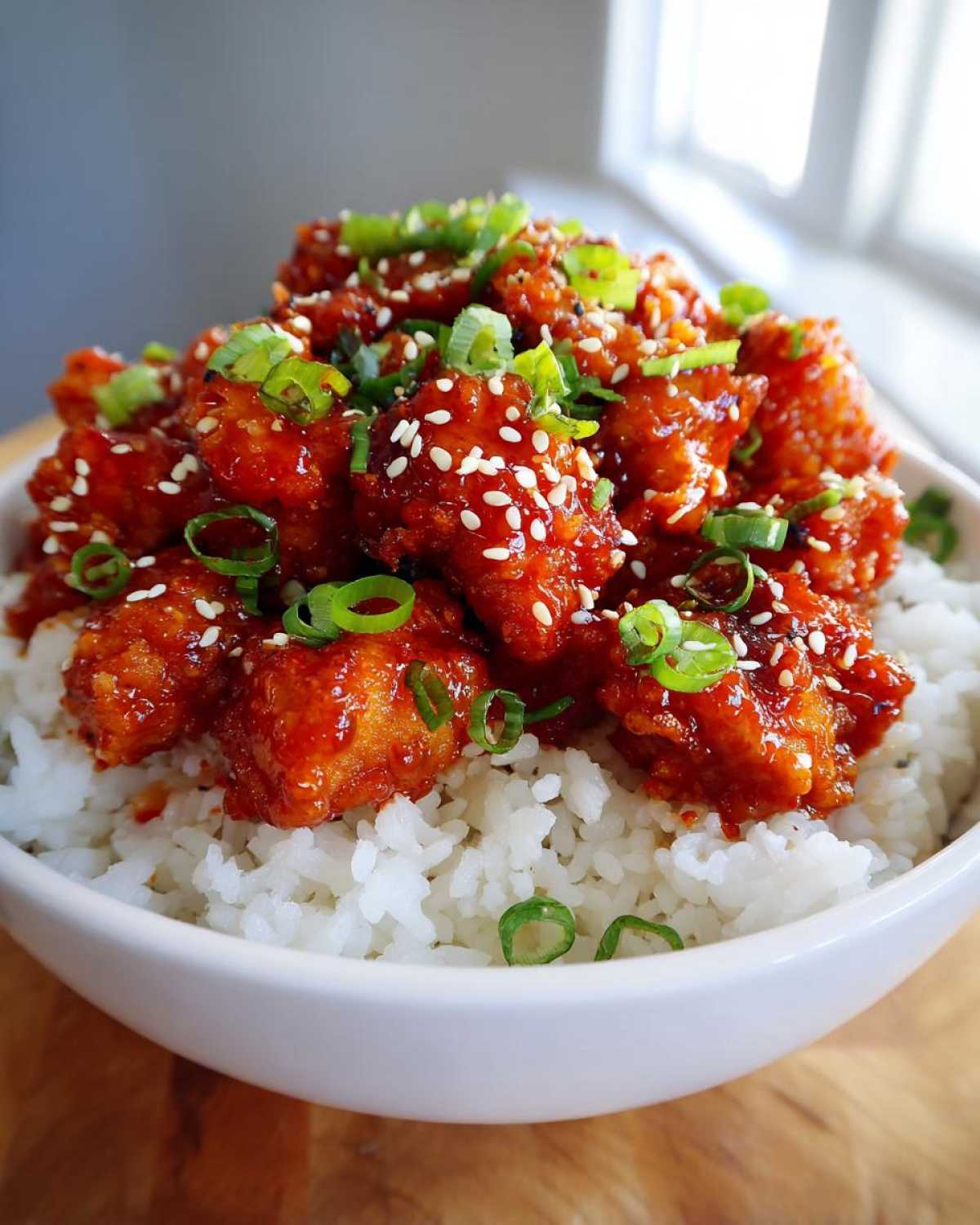 A white bowl filled with white rice topped generously with glossy, saucy Honey Sriracha Chicken, garnished with sesame seeds and green onions.