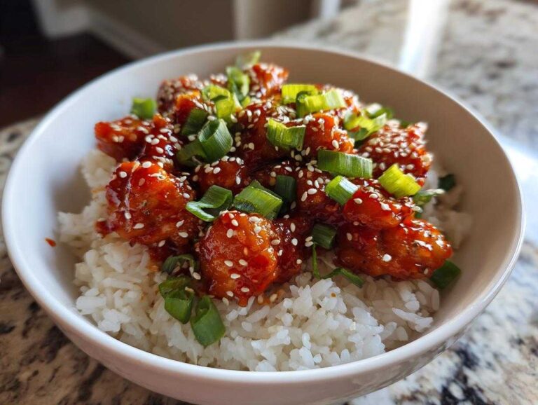 Close-up of a white bowl filled with white rice topped with glazed Honey Sriracha Chicken, sesame seeds, and chopped green onions.