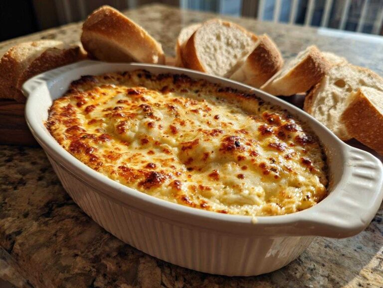 A bubbling, hot cheesy bread dip served in a white oval dish, surrounded by slices of crusty bread.