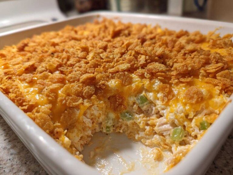 A scoop has been taken out of a creamy hot chicken salad casserole topped with melted cheddar cheese and crushed corn flakes.