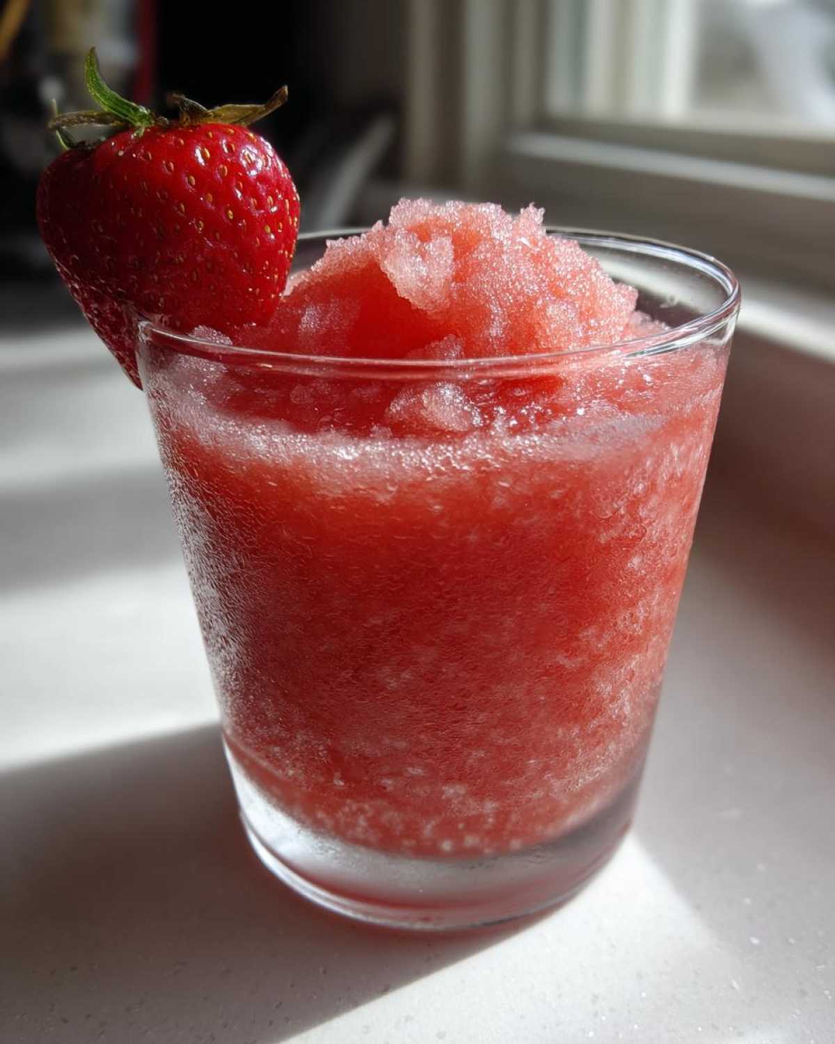 Close-up of a frosty, blended strawberry daiquiri garnished with a whole fresh strawberry.