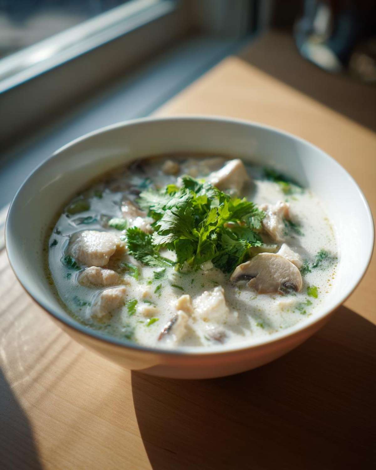Close-up of a creamy bowl of Irresistible Thai Chicken Soup topped with fresh cilantro and mushrooms.