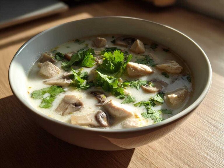 A close-up of a bowl of creamy Irresistible Thai Chicken Soup featuring chunks of chicken, sliced mushrooms, and fresh cilantro.