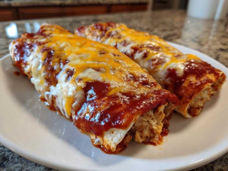 Amazing 450 Calorie Joanna Gaines Enchiladas Two baked Joanna Gaines Enchiladas covered in red sauce and melted cheddar and Monterey Jack cheese.