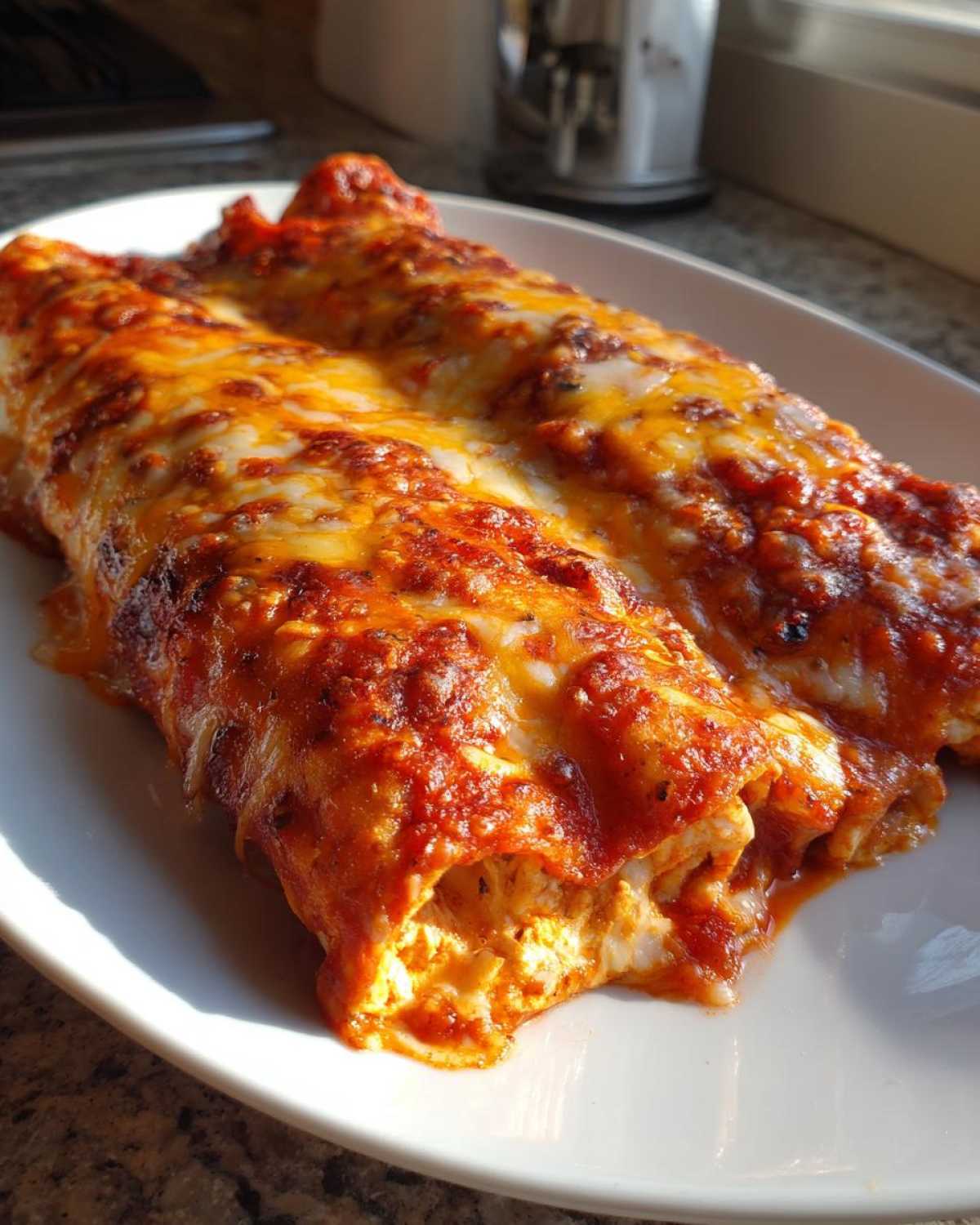 Close-up of two baked Joanna Gaines Enchiladas covered in bubbling red sauce and melted cheese.