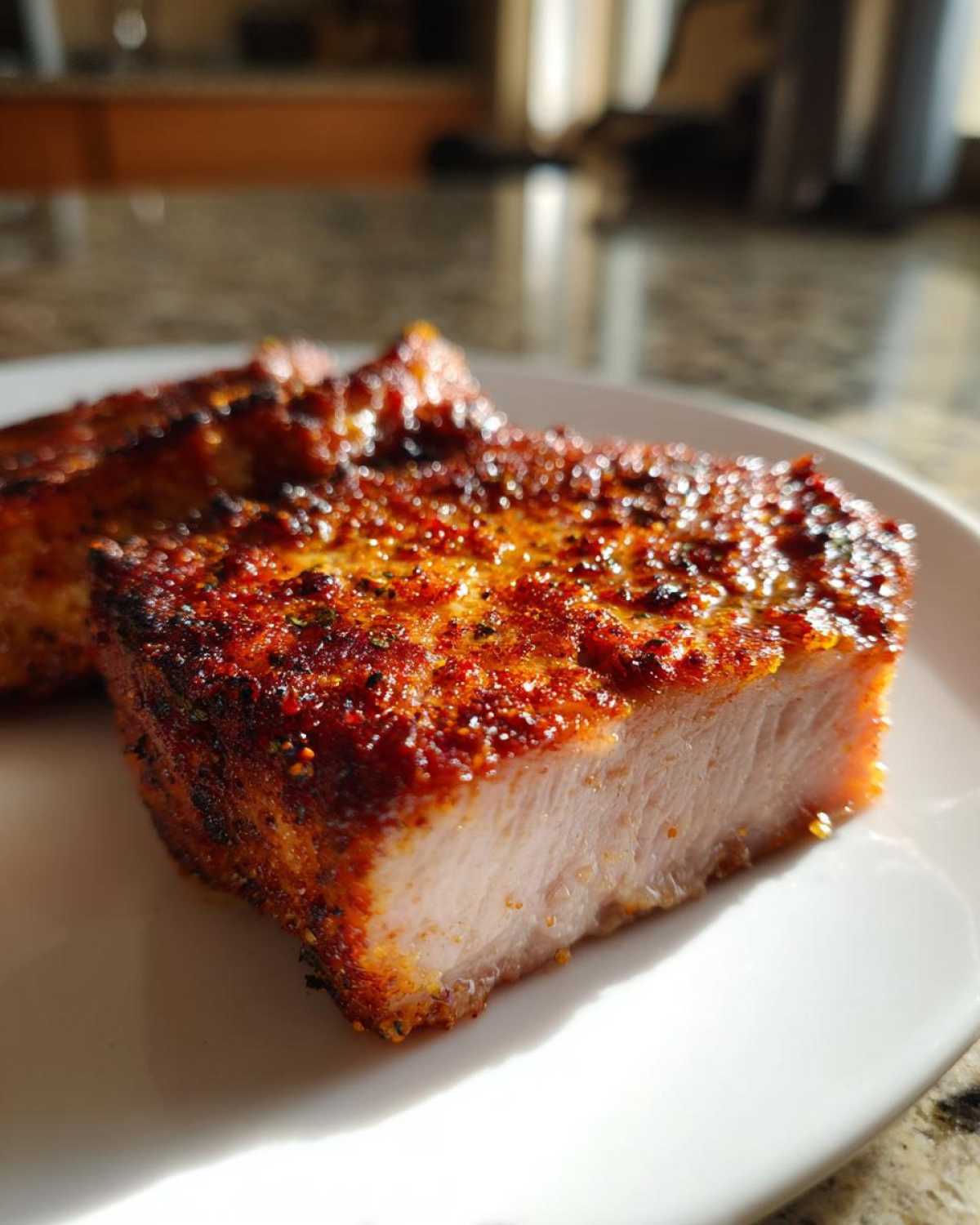 Close-up of a thick, juicy air fryer pork chop slice showing the perfectly cooked interior and seasoned crust.