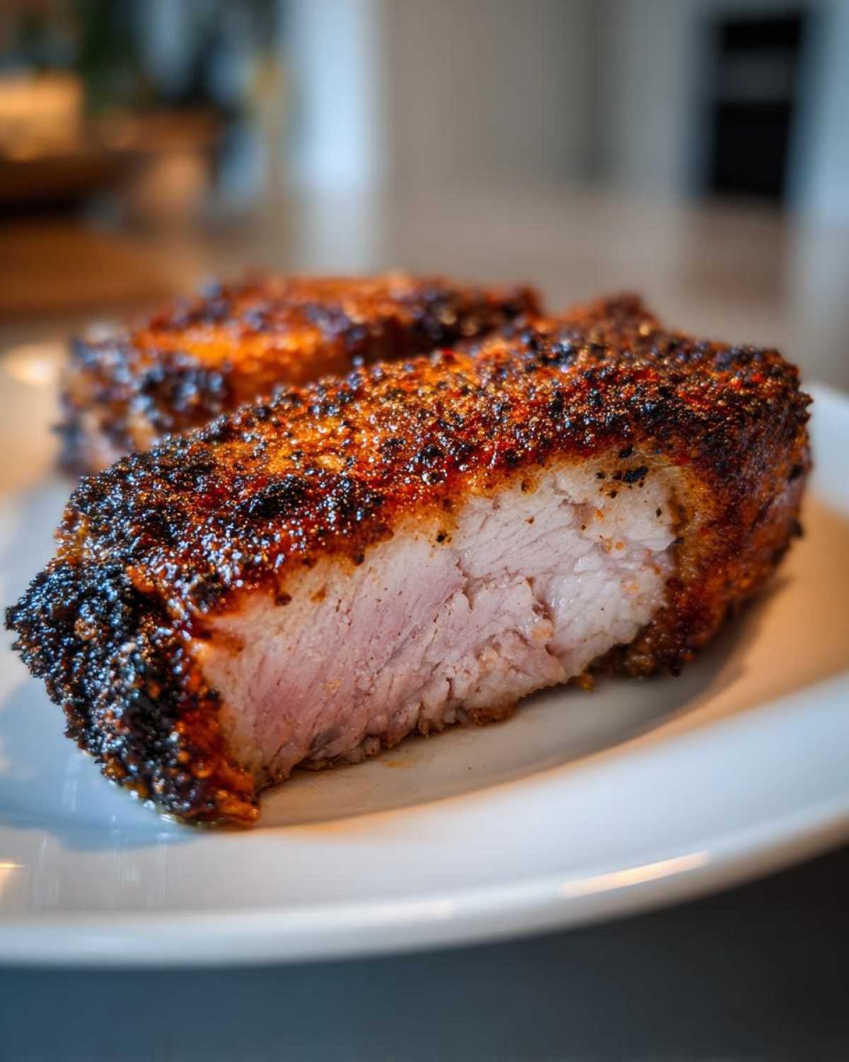 Close-up of a perfectly cooked air fryer pork chop, showing a juicy pink interior and a dark, seasoned crust.
