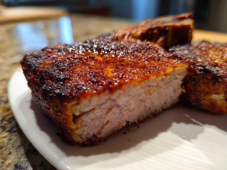 Close-up of a perfectly cooked, juicy air fryer pork chop cut in half showing the moist interior and caramelized crust.