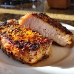 Close-up of two thick, perfectly cooked air fryer pork chops, one sliced to show juicy interior.