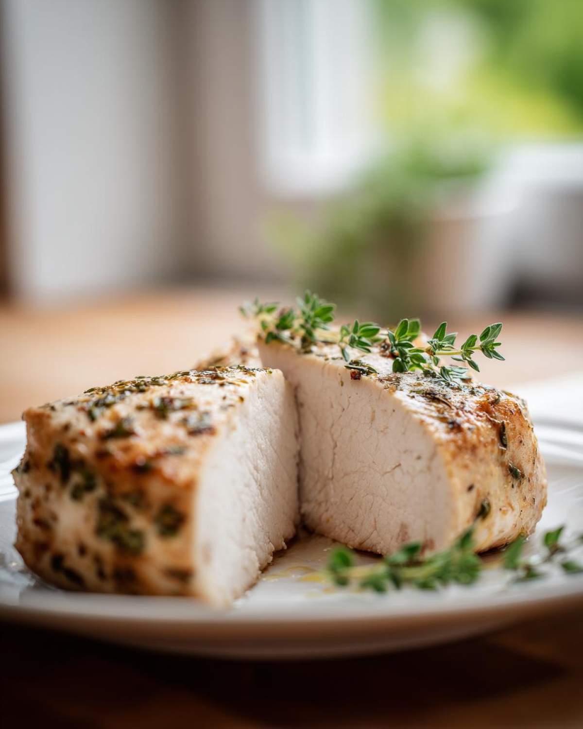 Cross-section of a perfectly cooked baked chicken breast showing moist white meat, seasoned with herbs and garnished with fresh thyme.