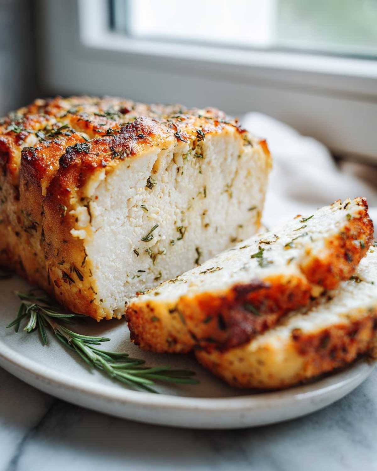 Slices of juicy baked chicken breast loaf, seasoned with herbs and featuring a golden-brown crust.