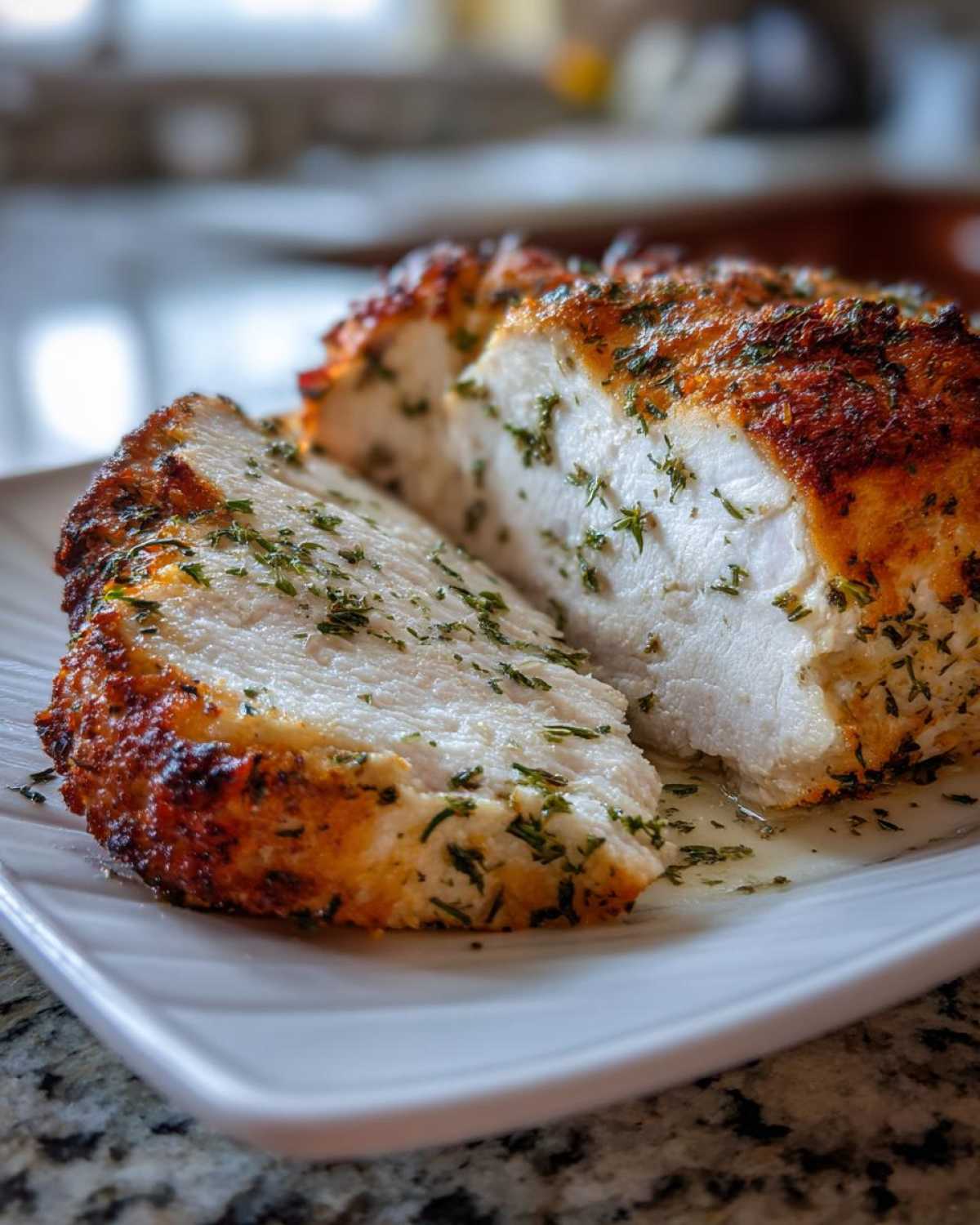 Close-up of juicy baked chicken breast, sliced to show moist white meat and a golden, herb-crusted exterior.