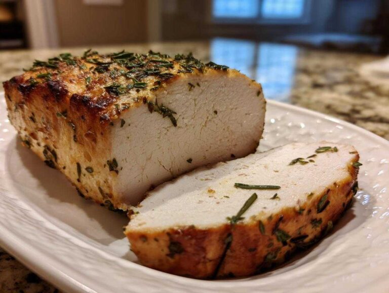 Close-up of a juicy baked chicken breast, sliced to show the white interior and seasoned crust.