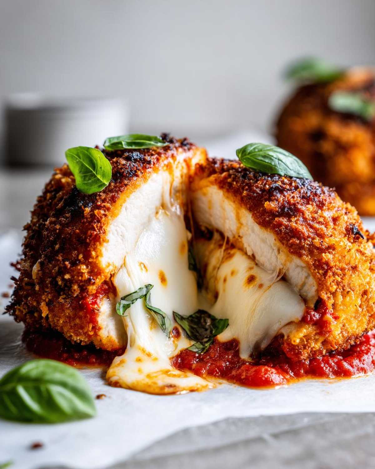 Close-up of a chicken parmesan recipe cut in half showing melted mozzarella cheese oozing out with marinara sauce.