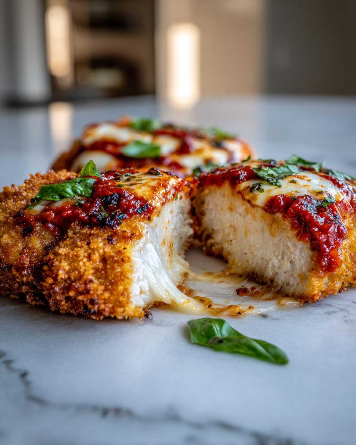 Close-up of chicken parmesan recipe cut in half showing melted cheese pull, topped with marinara and basil.