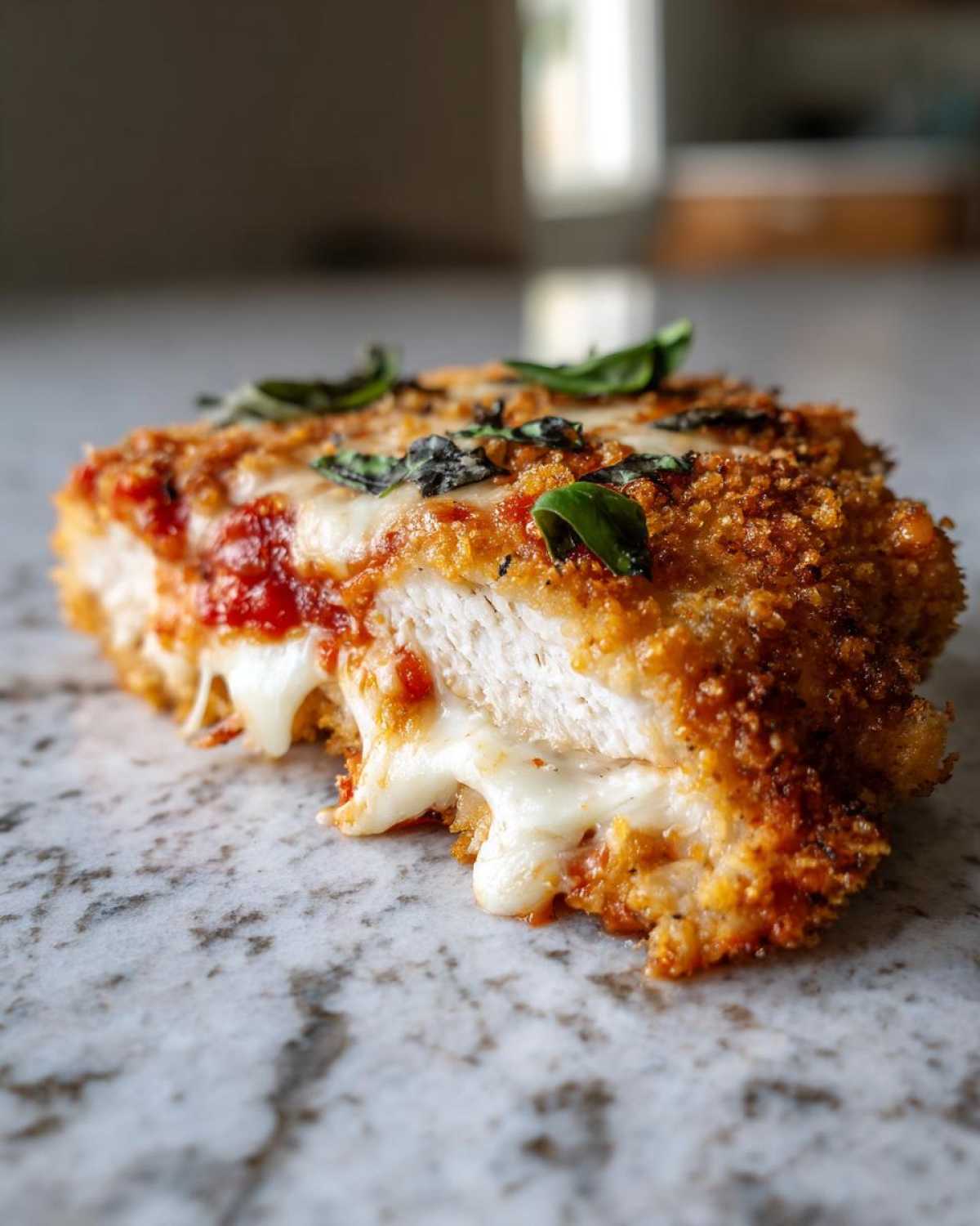 Close-up of a cross-section of a juicy chicken parmesan recipe showing melted mozzarella cheese oozing out, topped with sauce and basil.