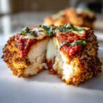Close-up of a cross-section of a juicy chicken parmesan recipe showing melted mozzarella cheese oozing out.