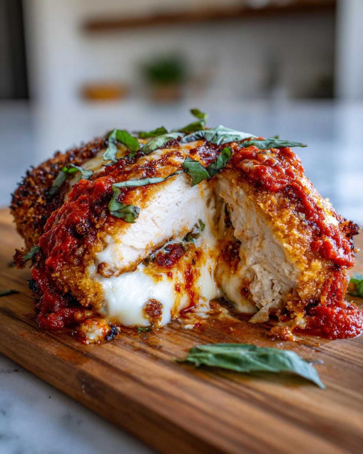 Cross-section view of a juicy chicken parmesan recipe showing melted mozzarella cheese oozing out, topped with marinara sauce and fresh basil.