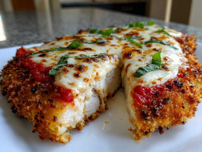 Cross-section view of a juicy chicken parmesan recipe cut open, showing crispy breading, white chicken meat, marinara sauce, and melted mozzarella cheese.