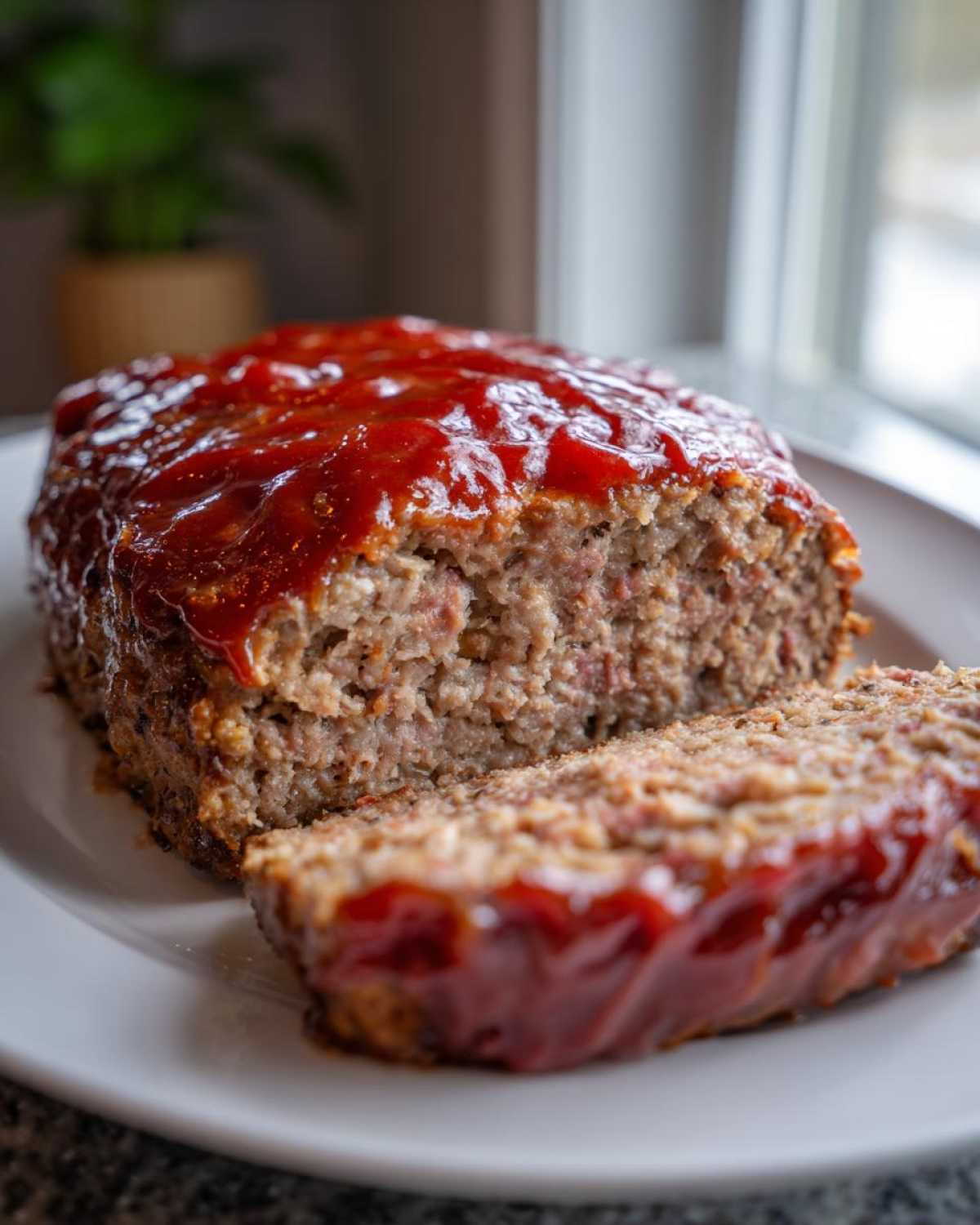 Close-up of a juicy meatloaf with a thick, shiny ketchup glaze, showing one slice cut on a white plate.