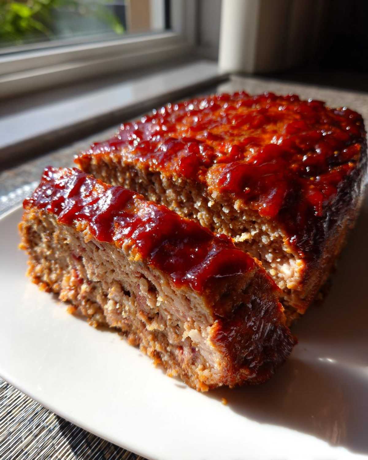 A close-up of a juicy meatloaf, sliced on a white plate, topped with a thick, shiny red glaze.