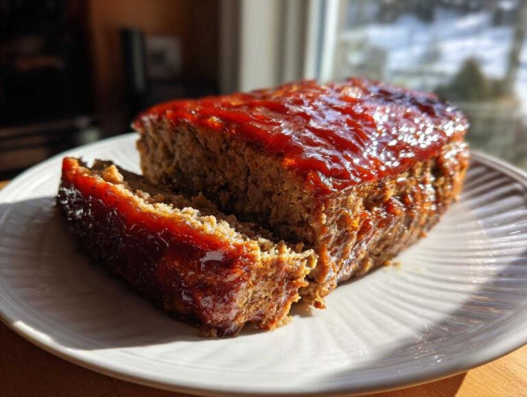 A close-up of a slice cut from a juicy meatloaf topped with a thick, shiny glaze.