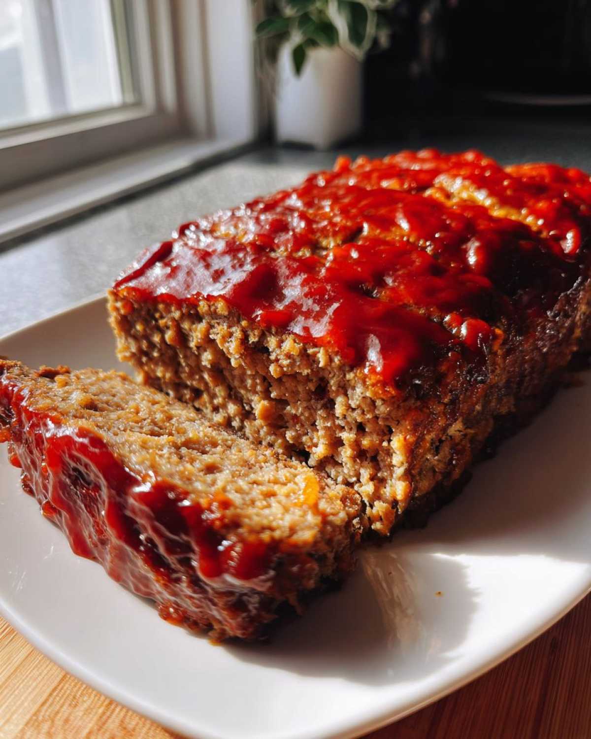 A close-up of a juicy meatloaf loaf with a thick, bright red glaze, showing one slice cut and ready to serve.