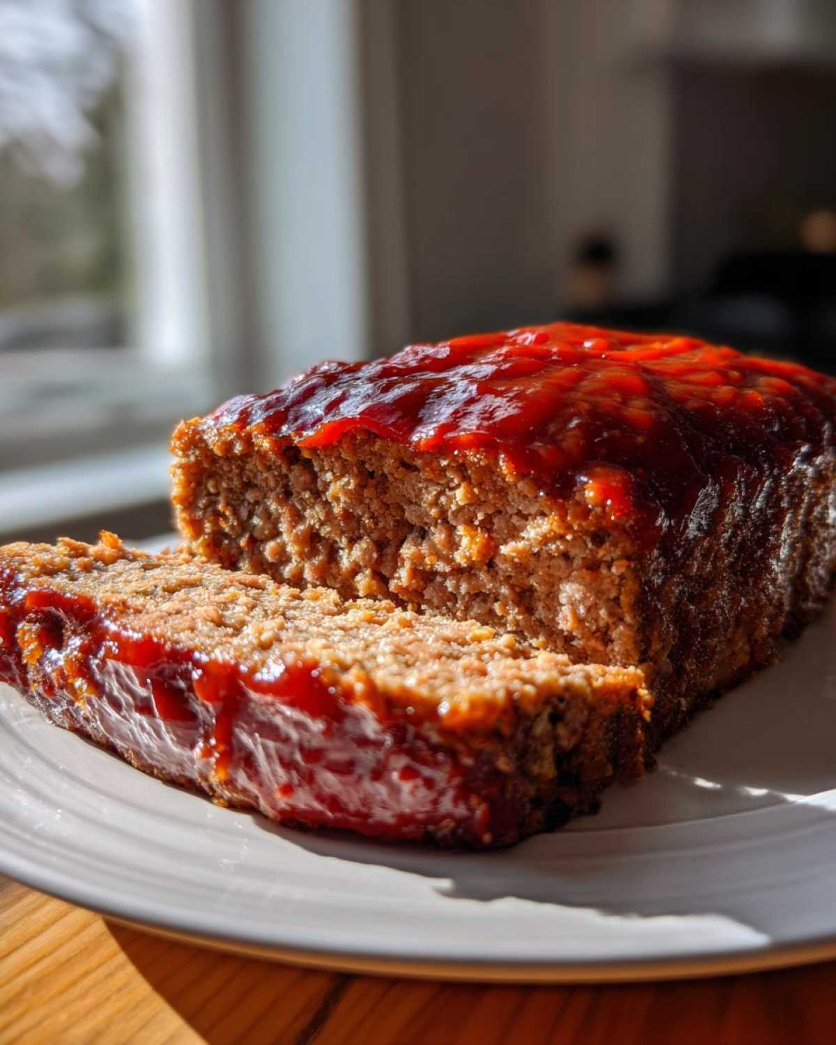 A close-up of a juicy meatloaf topped with a thick, glossy red glaze, with one slice partially cut and resting on a white plate.