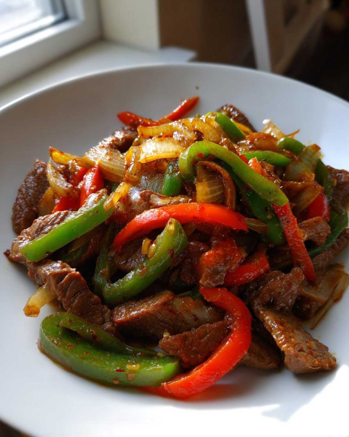 A close-up serving of Keto Beef Pepper Steak featuring strips of beef mixed with vibrant red and green bell peppers and onions.